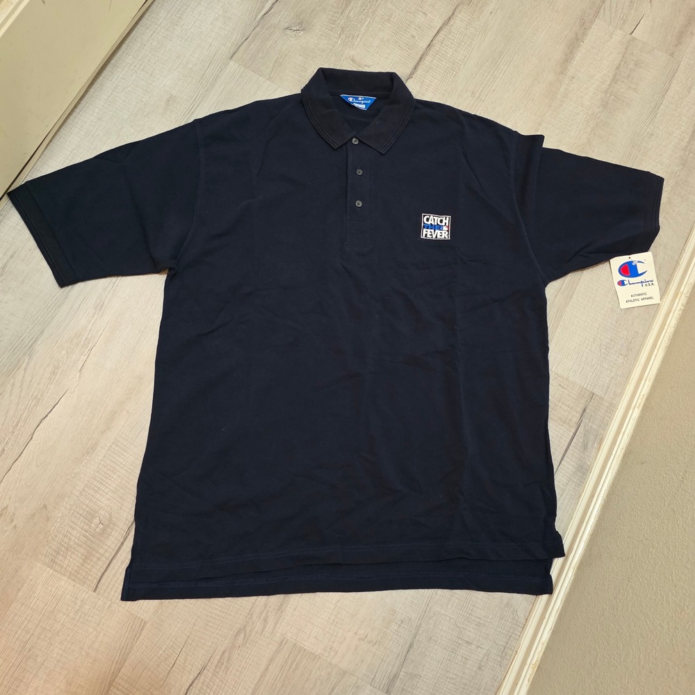 Vintage Champion MLB Catch The Fever Polo Shirt Mens XL‎ Navy Blue Short Sleeve